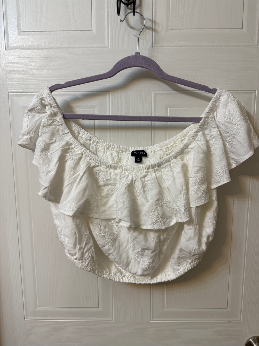 torrid White Embroidered Off-Shoulder Ruffle Crop Top